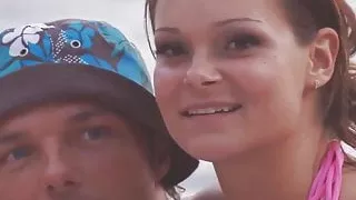 Beach amateur babes in group riding cock