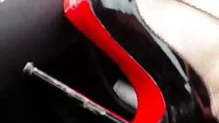 lick my heels clean! slut in the car leather&louboutin heels