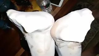 I shot a huge load on her white nylon feet