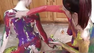 attooed redheads Indigo and Lavender get erotic with paint