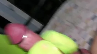 Neon green nylon footjob from babe with my cock rings