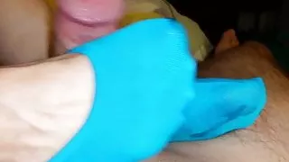 A blue ped sockjob footjob from babe and some lube