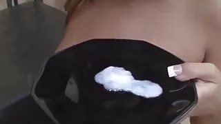 gorgeous lick cum from a plate
