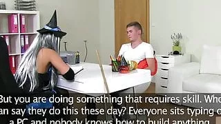 Casting euro in uniform riding on cock