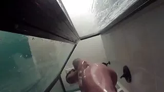 Busty brunette London returns for another shower