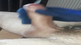 Jerking my big hard cock in gloves to a huge cumshot