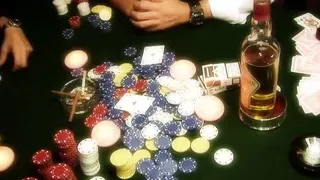 Dirty whore gets gangbanged on a poker table by three fuckers