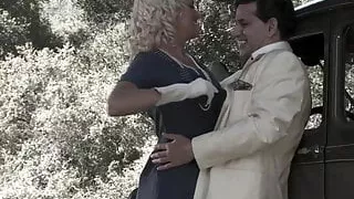 Energetic babes suck and fuck two gentlemen outside