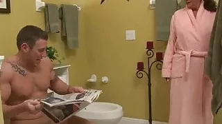 Taking a dump, and getting a blowjob