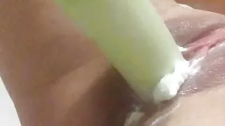 Shoving a leek in my creamy puss
