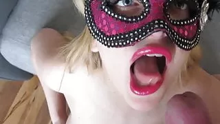 Amateur Blonde big tits gargles and swallows a big cumshot