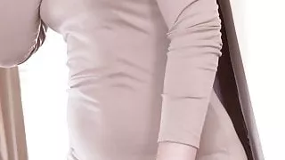 Russian read-head exploring her beauty in tan stockings