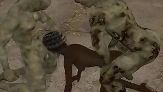 3D Ebony Babe Double Teamed by Zombies