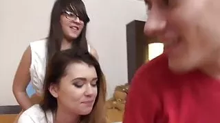 Four sorority babes take turns riding their neighbors dick