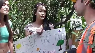 Three brunette teens get pussies smashed by the tree chopper