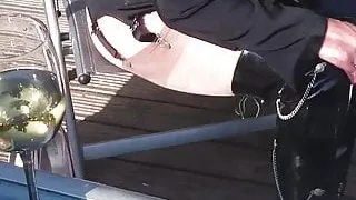 Outdoors in Fife in my patent thigh  boots and sheer tights.