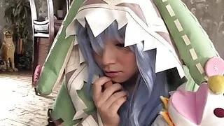 Bluehair cosplay babe in uniform jerks