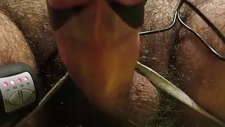 Tied down cockcumshot closeup