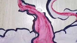 Rubbing my cock on girlfriends pink thongs