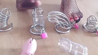 Collection of male chastity devices under my feet