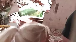 Two sexy babes get fucked in an abandoned building