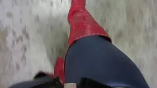 New skintight leggings red stiletto thigh boots strutting