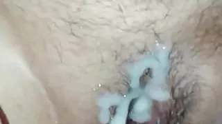 pussy squirt and then cum on her slit