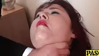 Chubby Donna plays with a pink toy and gets face fucked