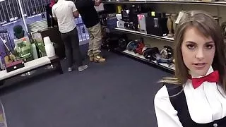 Uniformed pawnshop babe doggystyled for cash