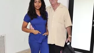 Ebony babe fucks two geriatrics
