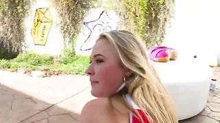 Cute blonde gags on big dick