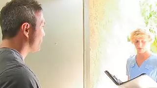 Attractive gay hunk Brock Landon pounds blonde twink Evan