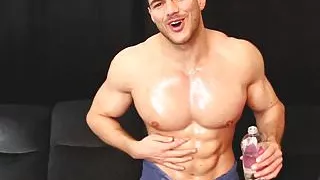 Cocky alpha muscle tank makes his skinny neighbour oil and s