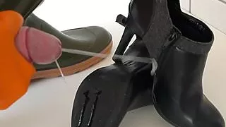 Cumming on High Heels in Waders and Rubber Gloves