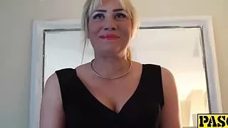 Big tits blonde MILF in stocking masturbates while sucking