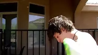 After a dip in the pool he heads inside to jerk his shaft