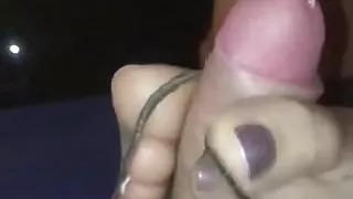 Nylon footjob purple polished toes, big cumshot in slomo