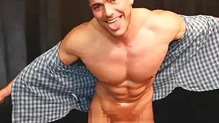 Naughty naked hunk wanking and flexing in the work shirt