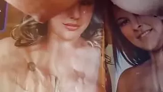 Cumming over slutty big tits and a shared porn mag