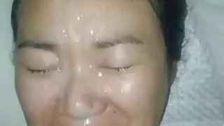 Long loads on her face