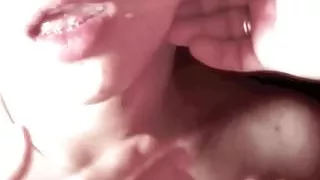 Asian girlfriend tongue play and creamy cum swallow