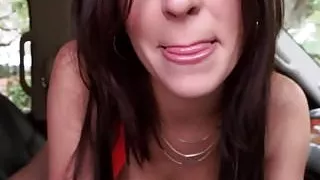 Busty amateur strokes fat cock in the car