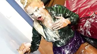 Gloryhole glam euro tugging and sucking cock