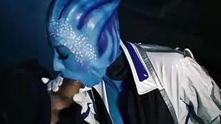 Blue alien has to make the dude with her sexy assets