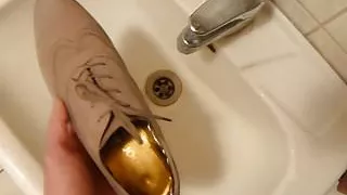 Piss in wifes lace-up high heel shoe