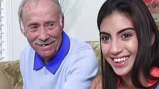 Tattooed teen with lovely tits riding old mature cock