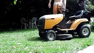 Striptease on lawn tractor - anal insertion of the lever