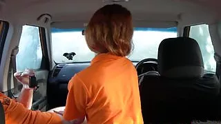 Fake Driving School Swotty ginger student has pussy filled