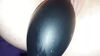 Cunt stretching with inflatable anal plug