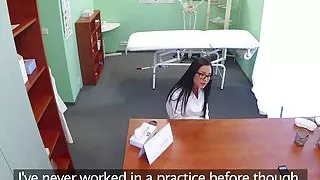 Cocksucking euro nurse fingered on desk